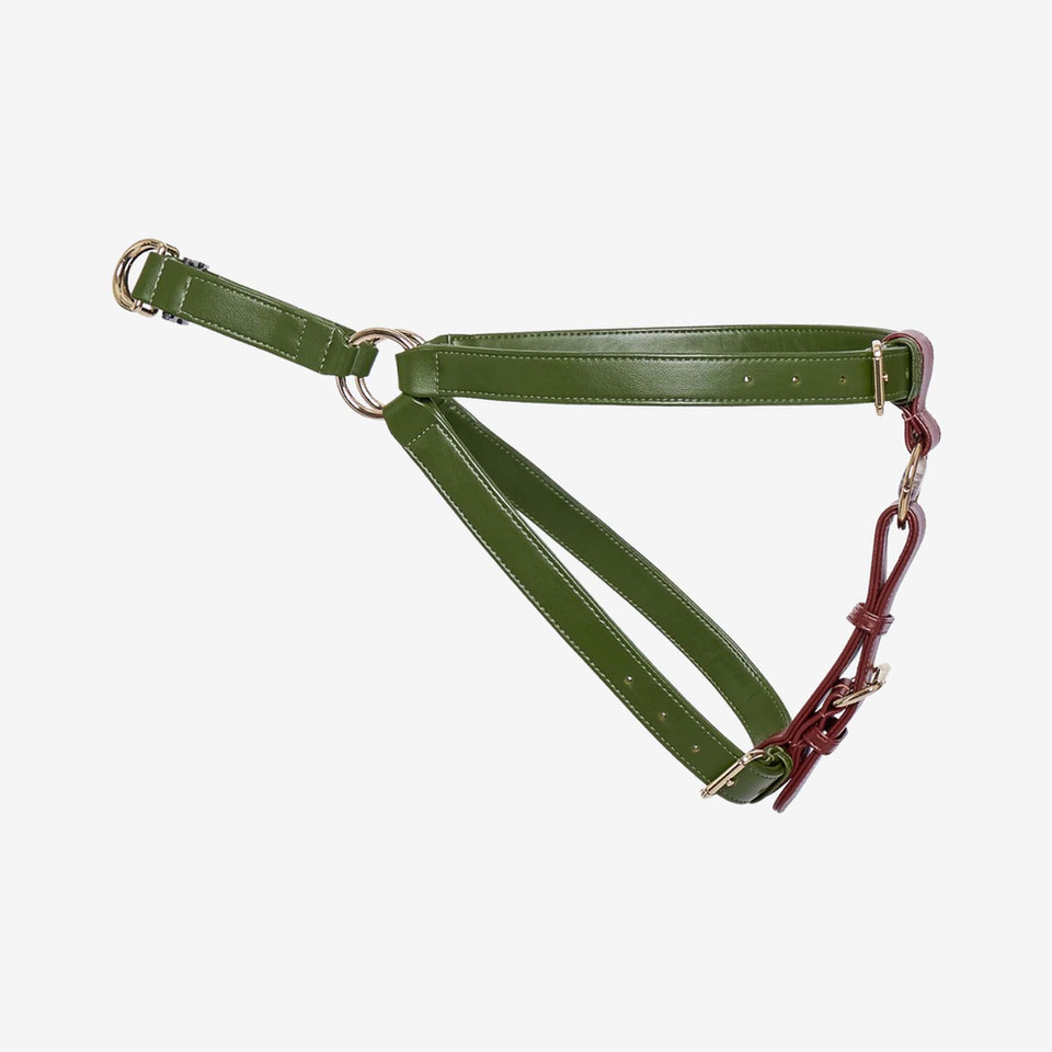 Zippy Peasy Harness made of cactus leather with a healing crystal in green and bordeaux red color